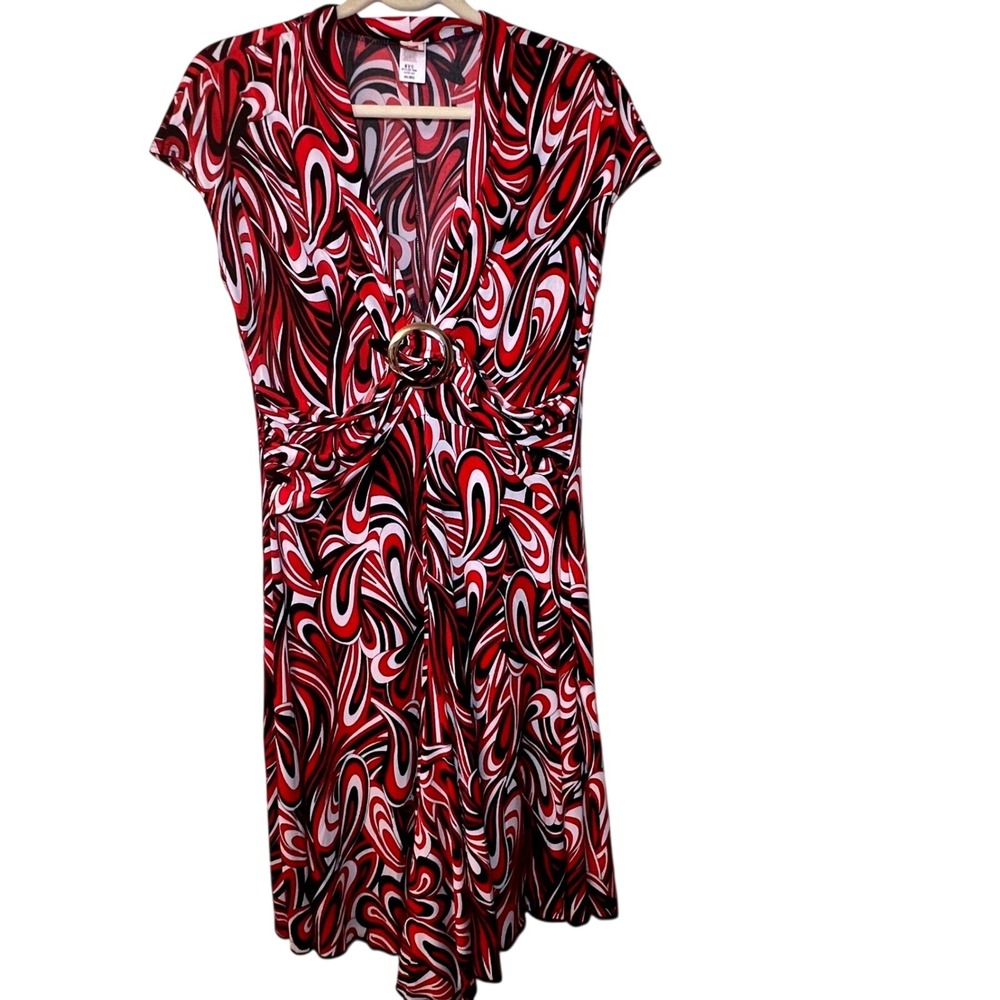 Vintage 90s Fe USA Red Black Psychedelic Swirl Ring V-Neck Dress 3XL Plus Size